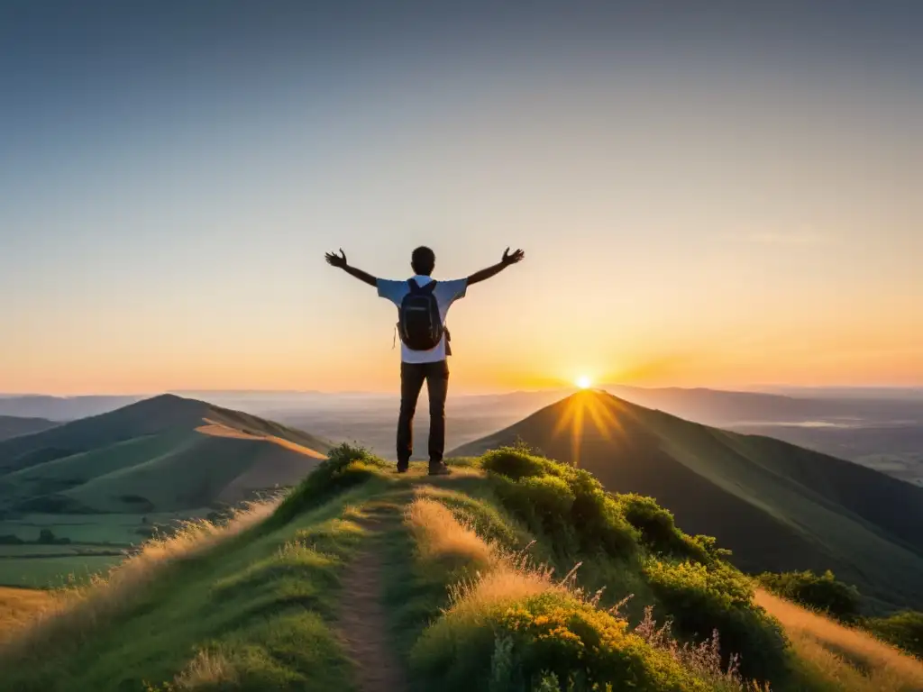 Empoderamiento al amanecer: solo en la cima de la montaña Figura solitaria en la cima de la montaña, abrazando la luz del sol naciente