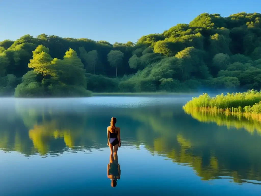 Empoderamiento junto al lago: serenidad y fortaleza Una figura solitaria se yergue con confianza en el borde de un lago tranquilo, rodeado de exuberante vegetación y un cielo azul claro