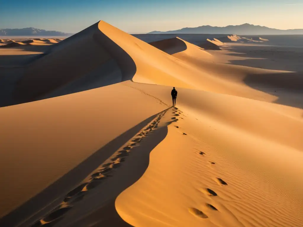 Figura solitaria en desierto dorado, bajo cielo azul