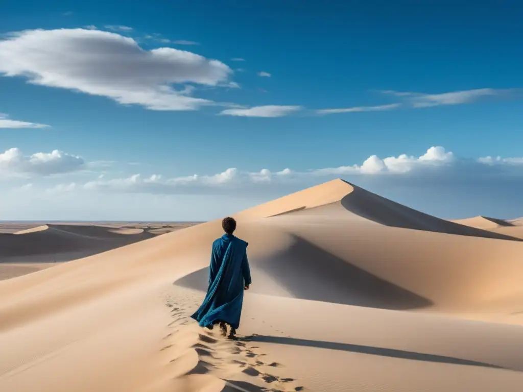 Figura solitaria en desierto, con dunas imponentes