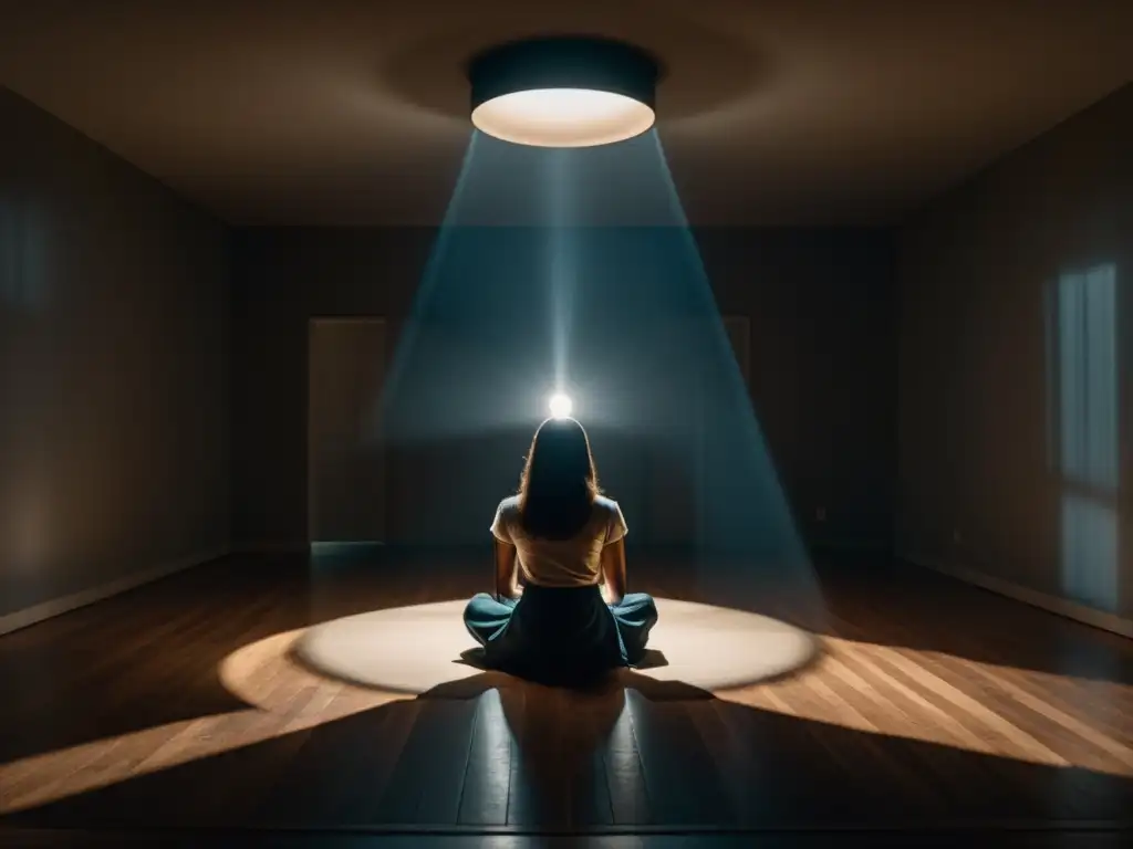 Una figura solitaria iluminada por un foco en una habitación tenue, rodeada de sombras