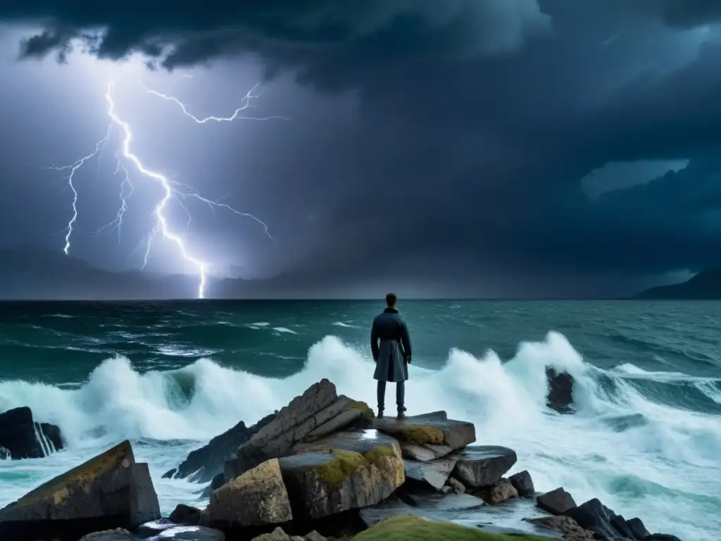 Resistencia frente a la tempestad: Fortaleza en soledad Una figura solitaria enfrenta el mar tempestuoso con resiliencia mental ante sectas, simbolizando fuerza y determinación