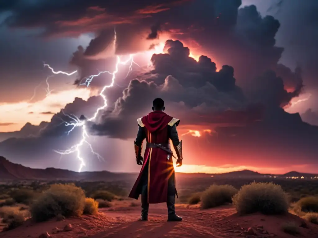 Nuevo Templario: Conexión celestial en atardecer sangriento Figura solitaria sosteniendo un rayo en un atardecer rojizo, con ojos intensos