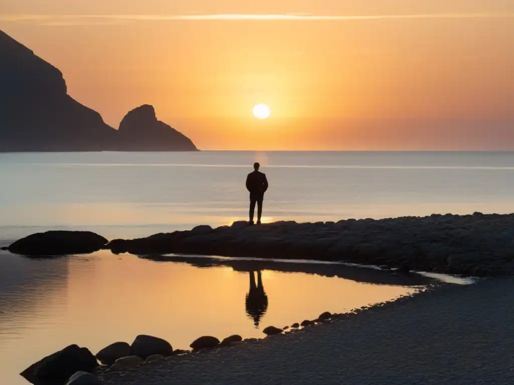 Figura solitaria contemplando el tranquilo océano al atardecer, evocando introspección y estrategias de rescate de miembros activos