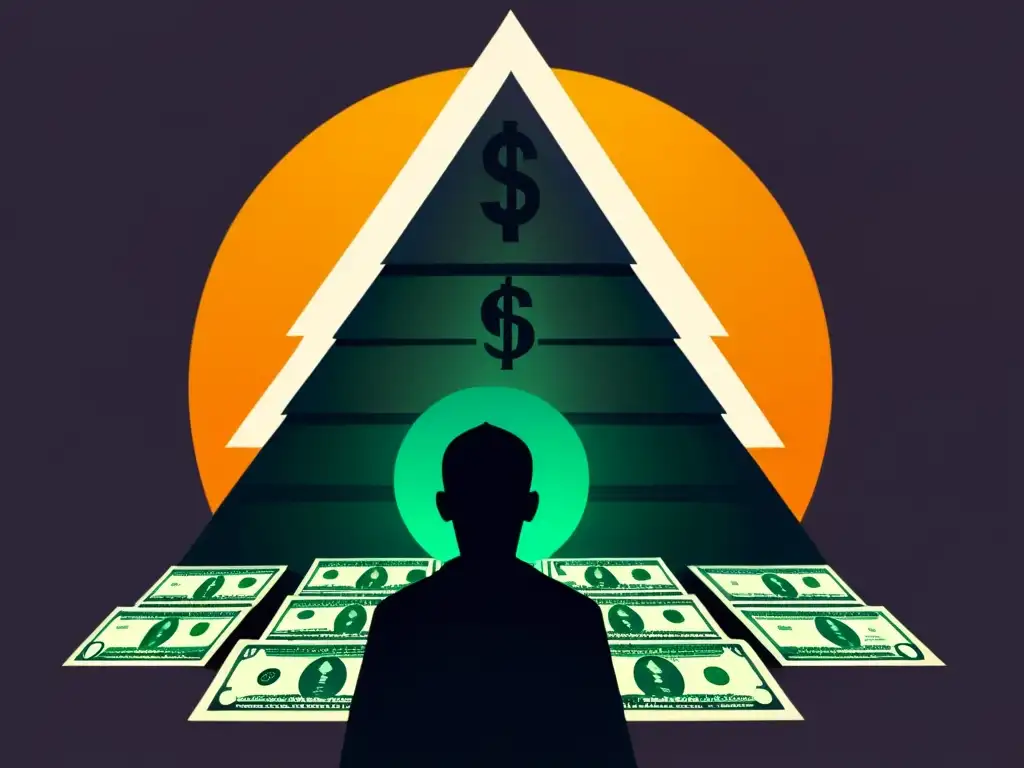 Figura ominosa rodeada de dinero y símbolos religiosos Enigmática ilustración de una figura sombría rodeada de dinero y símbolos religiosos, creando una atmósfera inquietante