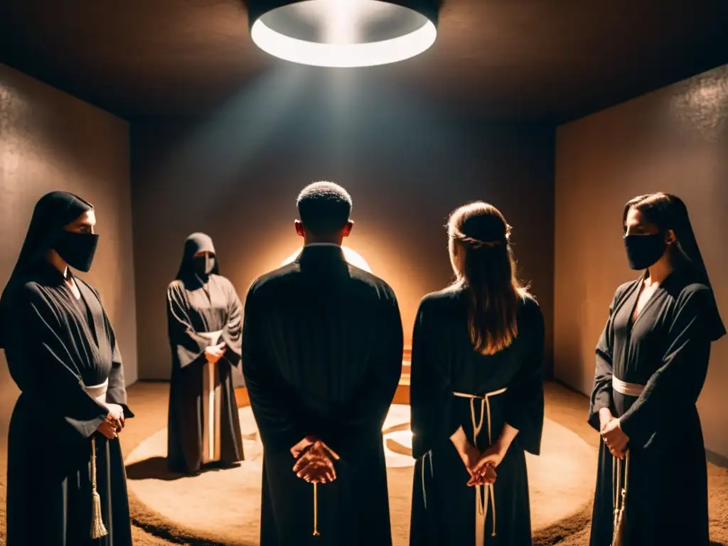 Ritual oscuro de culto: misterio y intriga Figuras en túnicas oscuras participan en un misterioso ritual