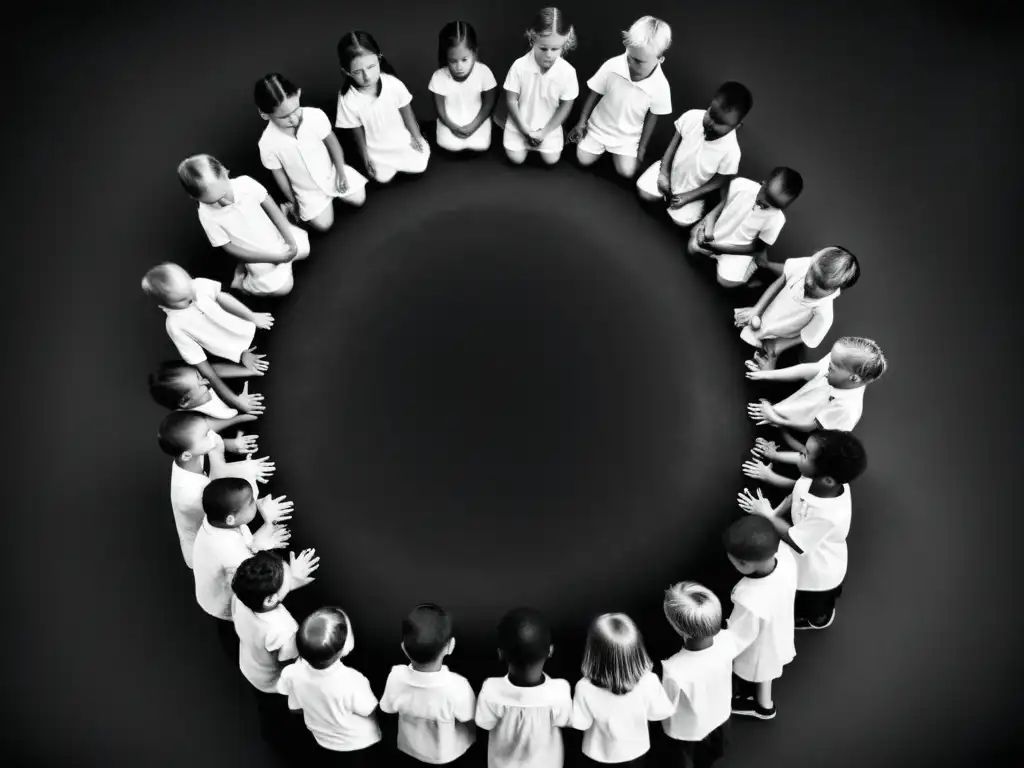 Oración de los niños: solemnidad y reflexión en blanco y negro Foto impactante en blanco y negro de niños en círculo, rezando en el culto Niños de Dios