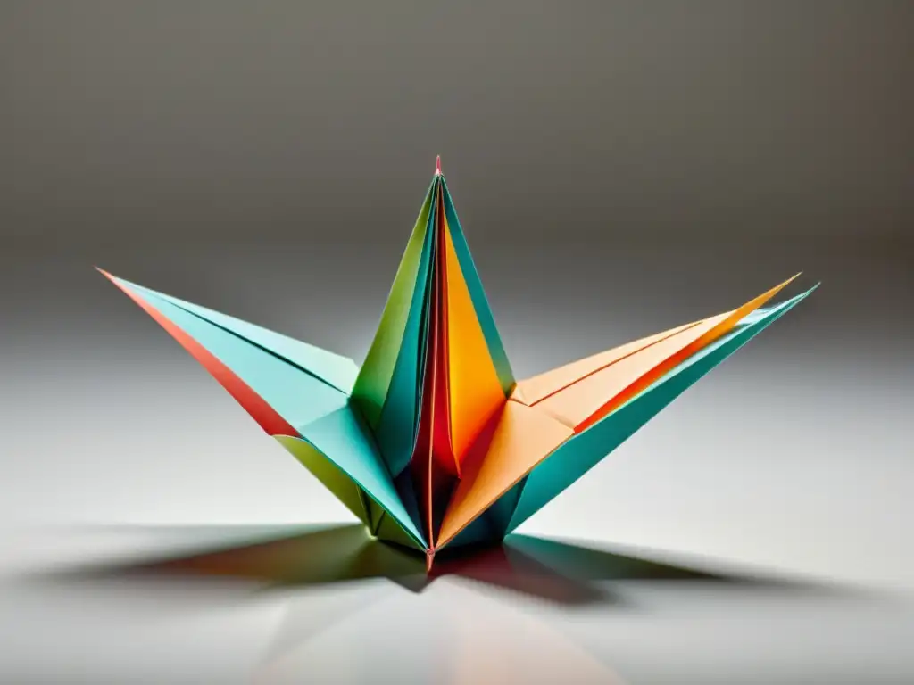 Un grácil y delicado origami de grulla, meticulosamente plegado con papel multicolor, reposa elegantemente sobre una superficie blanca