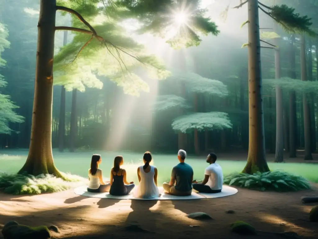 Meditación en el bosque: Paz y serenidad en grupo Grupo en meditación en un bosque sereno, proyectando calma y armonía, para comprender el impacto psicológico de los cultos