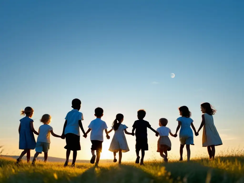 Niños jugando felices bajo el sol en un campo sereno Un grupo de niños jugando y disfrutando en un campo soleado, con un círculo de manos y expresiones alegres