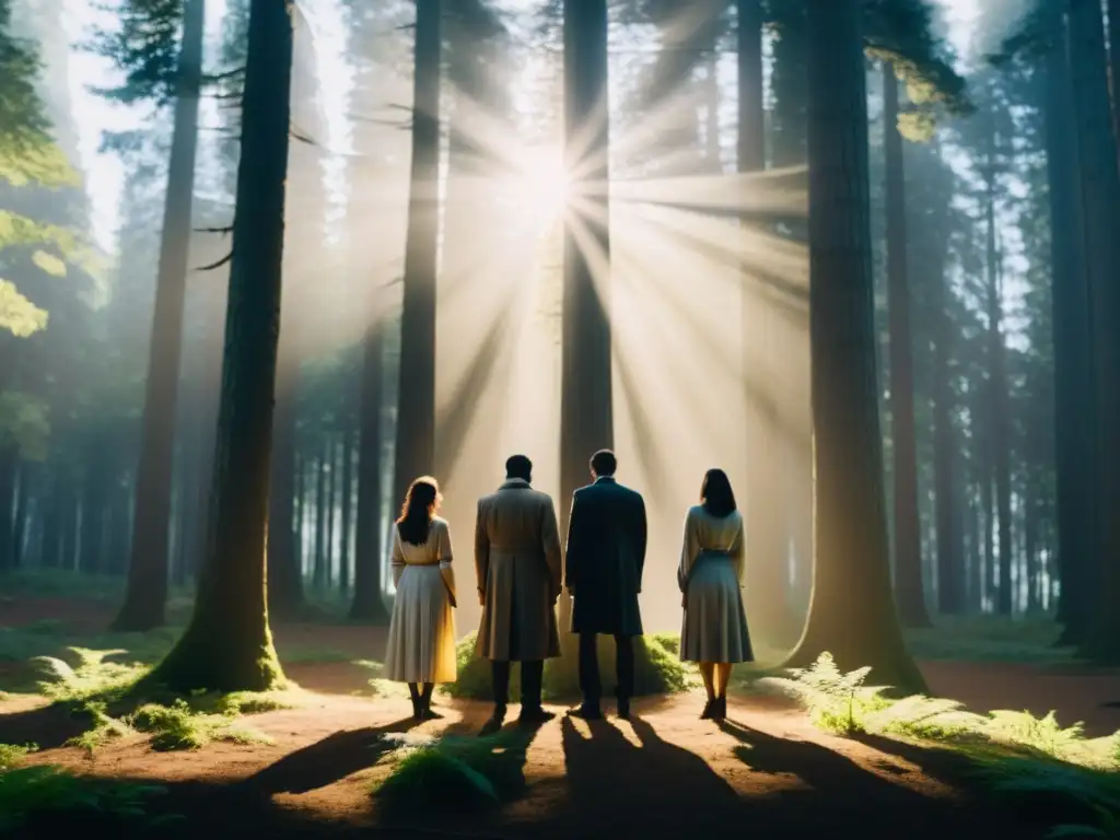 Ritual en el Bosque: Unidad y Sumisión en la Penumbra Grupo en círculo con actitud unida y sumisa, rodeados de árboles en bosque