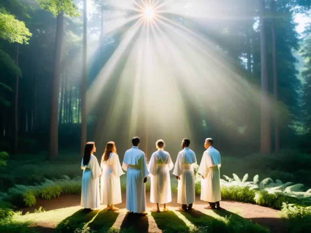 Grupo en círculo en el bosque con luz mística
