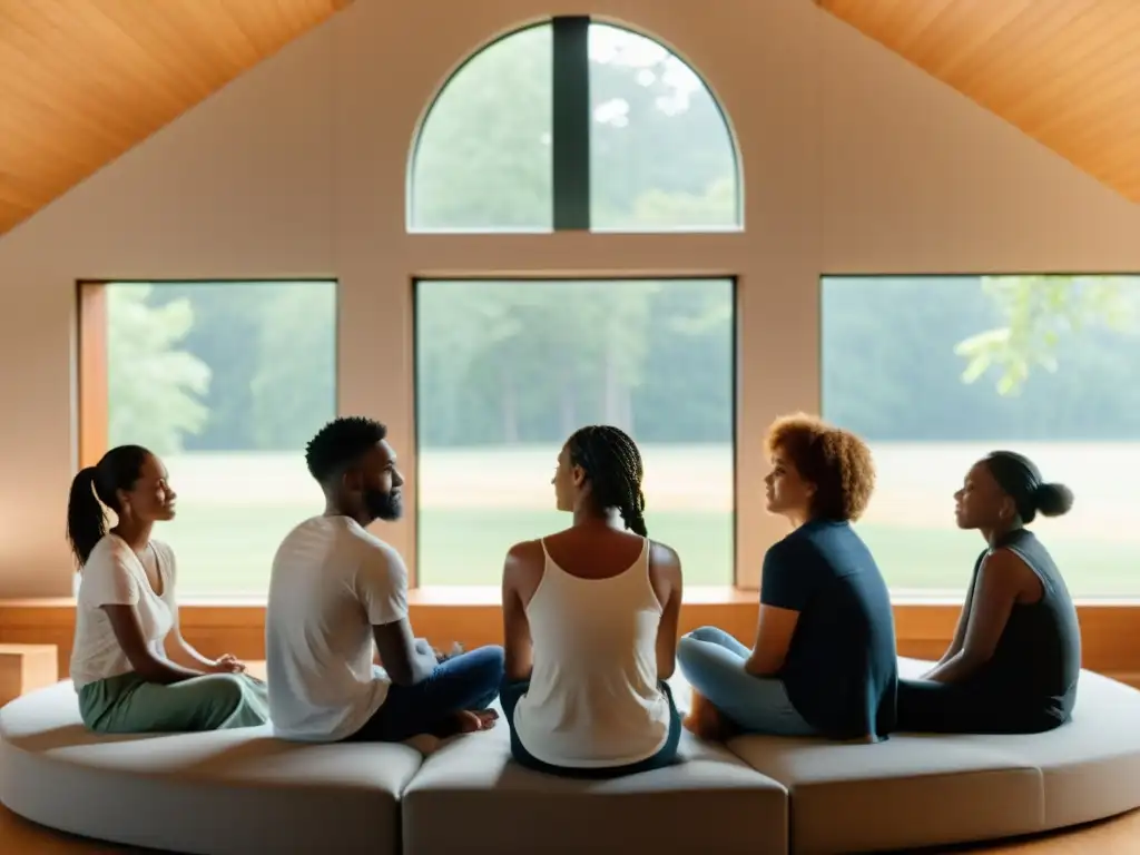 Grupo en círculo apoyándose tras dejar culto, mostrando tácticas psicológicas para abandonar culto