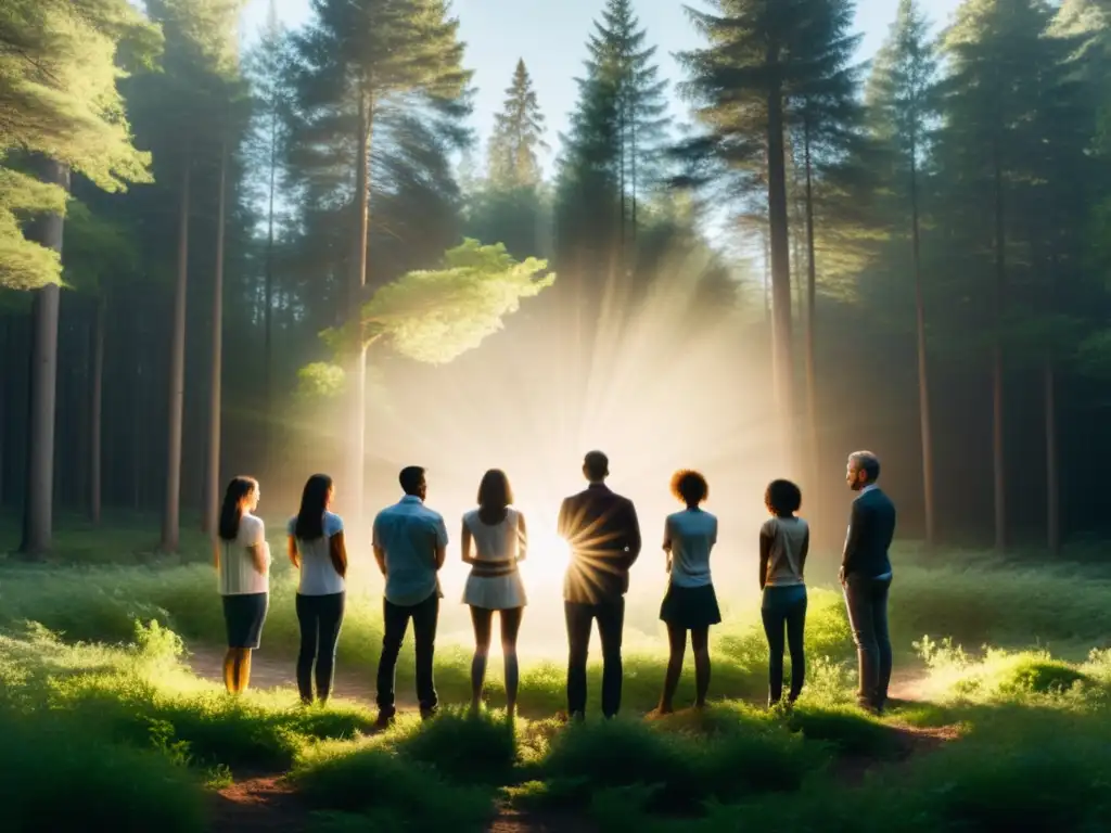 Rituales en el bosque: la manipulación de la inmortalidad Un grupo en círculo con expresiones serenas, pero con un aire de manipulación psicológica en un claro boscoso