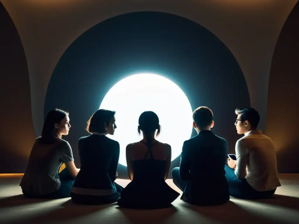 Reunión misteriosa: la influencia de la tecnología en cultos Un grupo se sienta en círculo, iluminados por sus smartphones, con una figura ominosa en el fondo