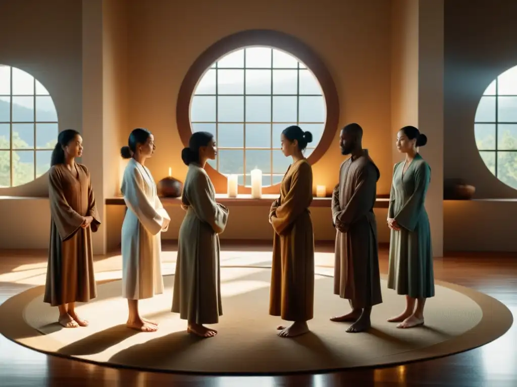Ritual de oración en círculo: serenidad y unidad Grupo en círculo en oración serena en una habitación minimalista con luz natural