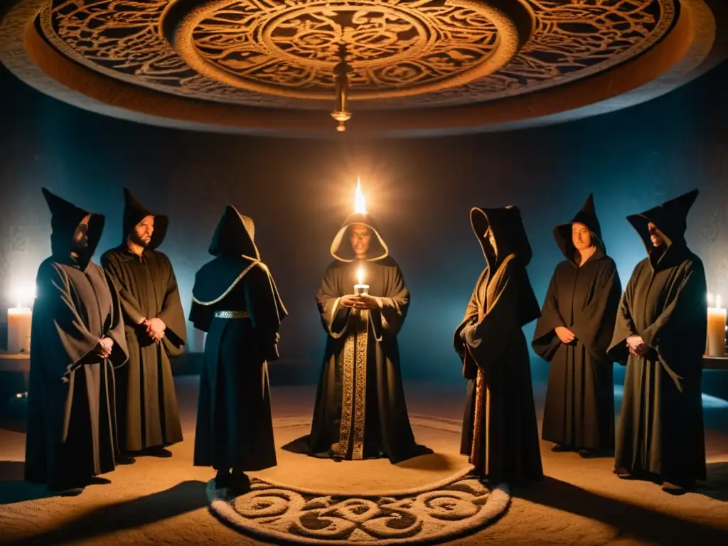 Grupo en círculo con túnicas oscuras y velas, en un ambiente misterioso de ceremonia sectaria