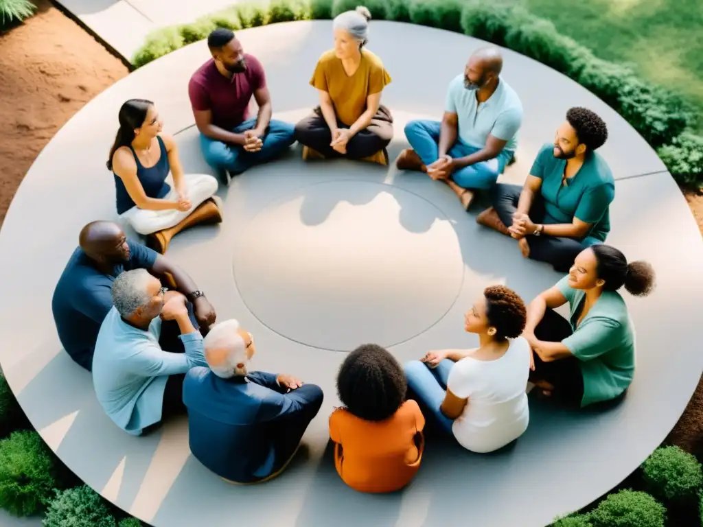 Círculo de diversidad: Comunicación pacífica y unión en la comunidad Grupo diverso en círculo, dialogando en armonía al aire libre