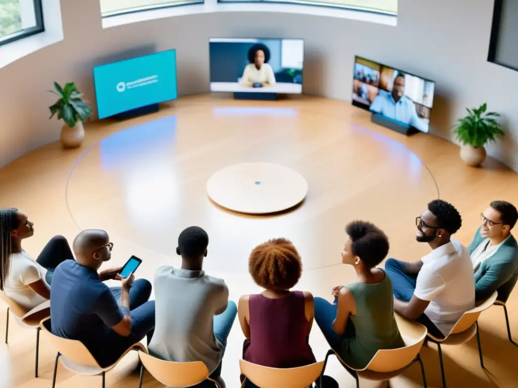 Conversación profunda: comunidad conectada en la era digital Grupo diverso en círculo, conversan frente a pantallas, manteniendo contacto visual y escuchándose