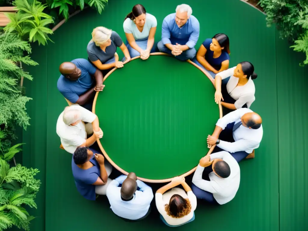 Grupo diverso de padres y maestros en círculo, conversando en un entorno natural, transmitiendo calidez y colaboración