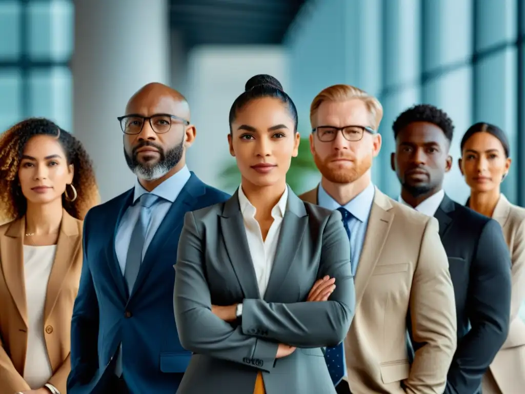 Un grupo diverso de profesionales vestidos con trajes de negocios, proyectando confianza y resiliencia