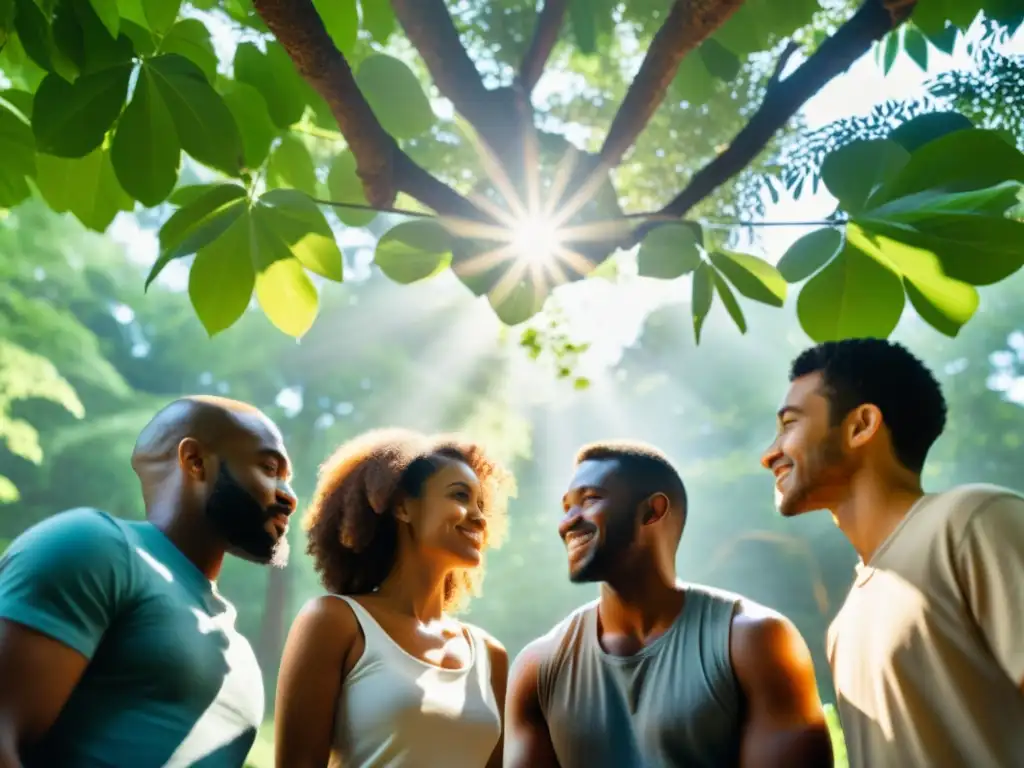 Grupo diverso en profunda conversación en entorno natural