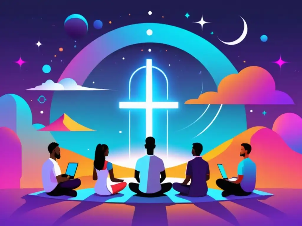 Cybercomunidad espiritual en ilustración digital Grupo diverso participa en rituales religiosos digitales, desafíos cohesión comunitaria cultos digitales