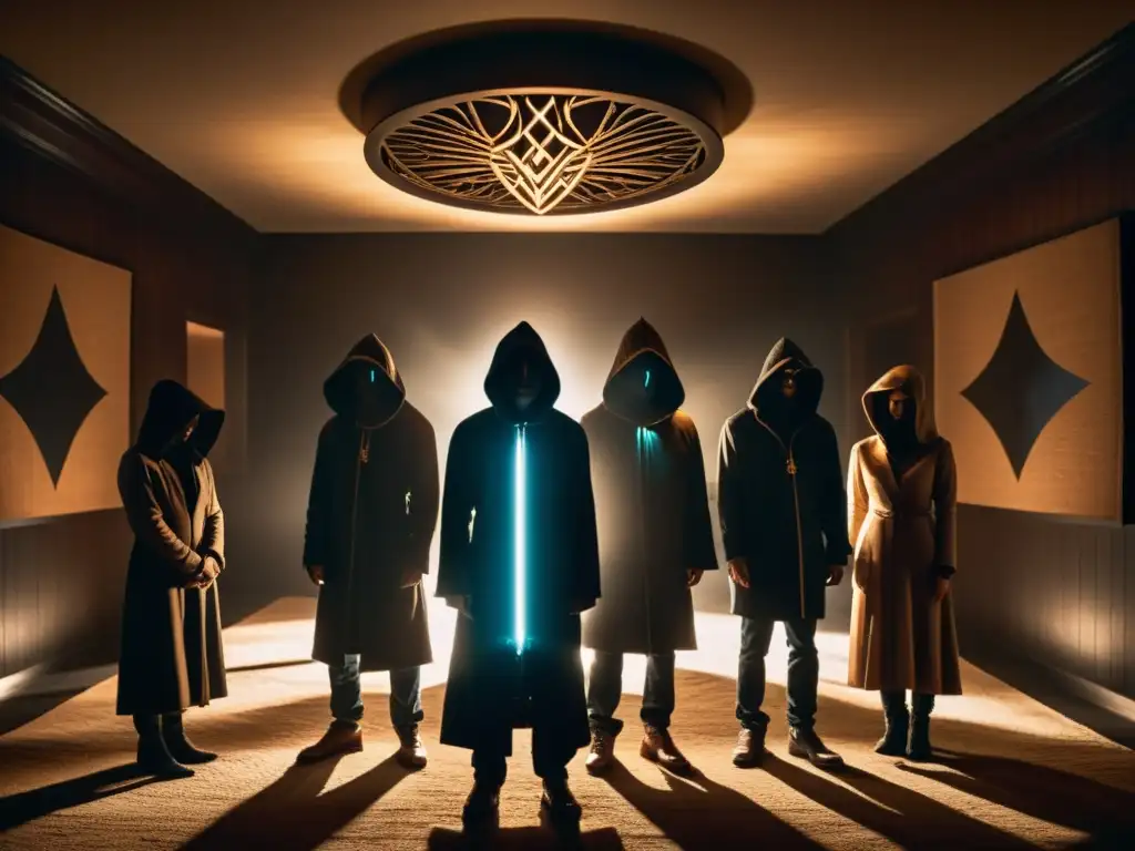 Ritual misterioso: figuras en sombras alrededor de enigma luminoso Grupo encriptado en culto Discord, reunidos en misterioso ritual alrededor de símbolo luminoso en habitación sombría