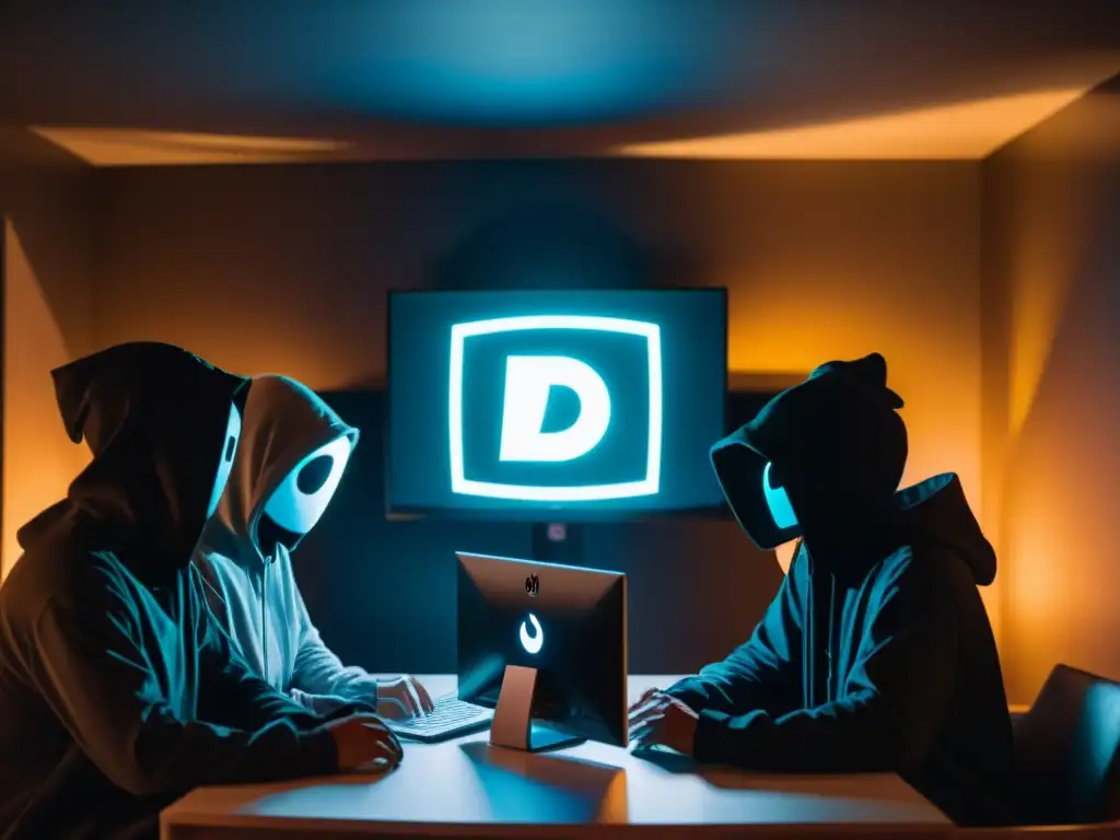 Encuentro secreto en la penumbra: culto a Discord Un grupo enigmático se reúne en una habitación oscura, con capuchas y un brillo misterioso del logo de Discord