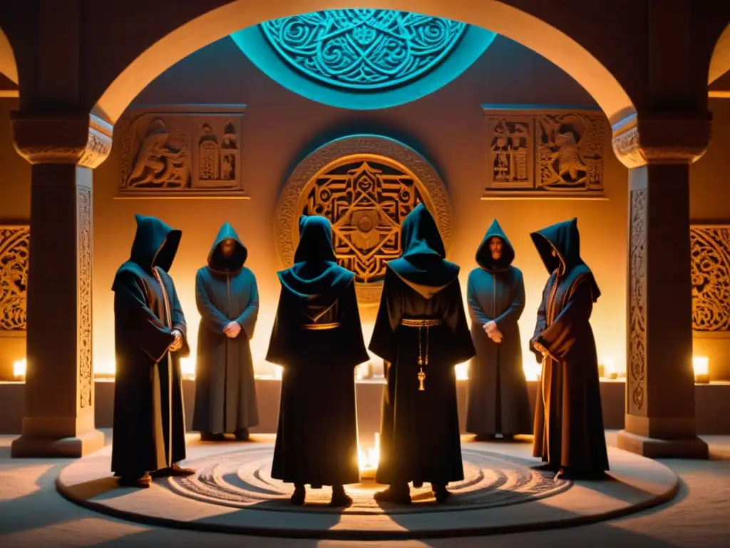 Rituales misteriosos de los Guerreros de Goel Grupo de figuras encapuchadas alrededor de un antiguo altar, emanando misterio y secreto en la secta religiosa Guerreros de Goel