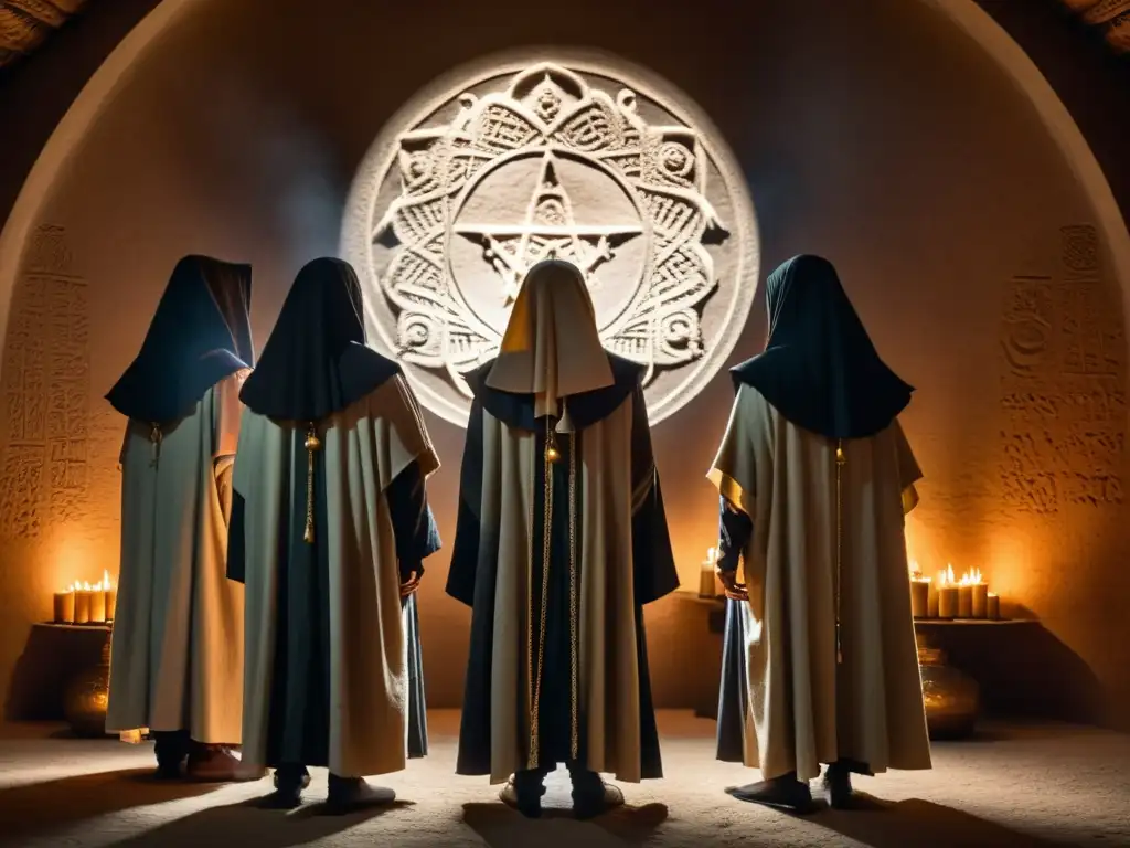 Un grupo de figuras encapuchadas participando en una misteriosa ceremonia ritual