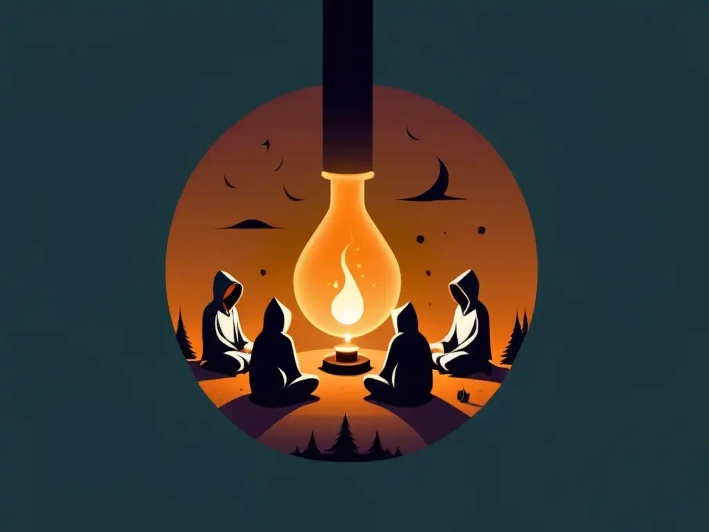 Guardianes del elixir: misterio y ritual en arte digital Un grupo de figuras encapuchadas rodea un vial antiguo y brillante en una atmósfera misteriosa y ritualística