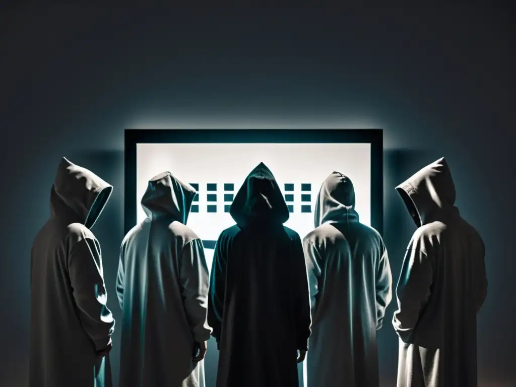 Un grupo de figuras sombrías se reúnen alrededor de una pantalla brillante, emitiendo símbolos inquietantes