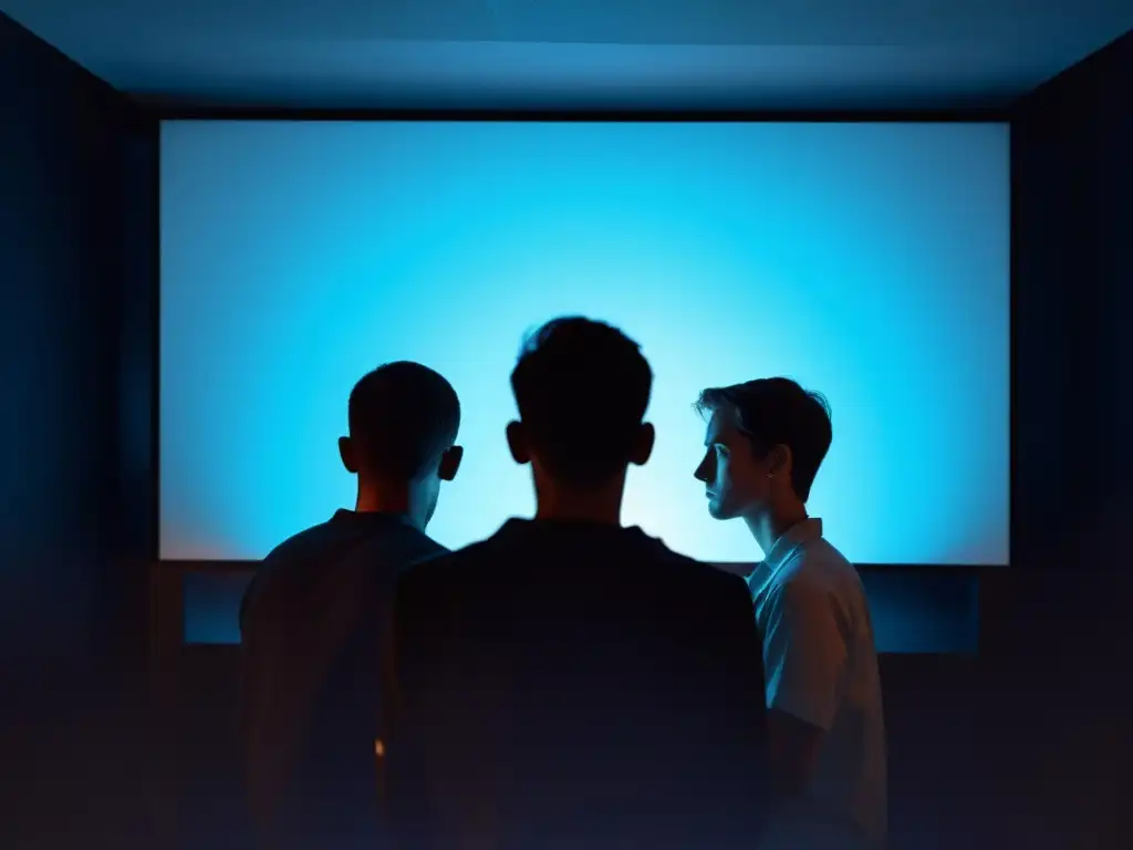 Cybersectas: atrapados en la pantalla azul Un grupo de figuras sombrías se concentra en una pantalla brillante, iluminando sus rostros en un resplandor azul inquietante