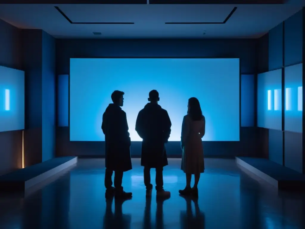 Un grupo de figuras sombrías se reúne alrededor de pantallas brillantes, sus rostros iluminados por la luz azul, mostrando devoción