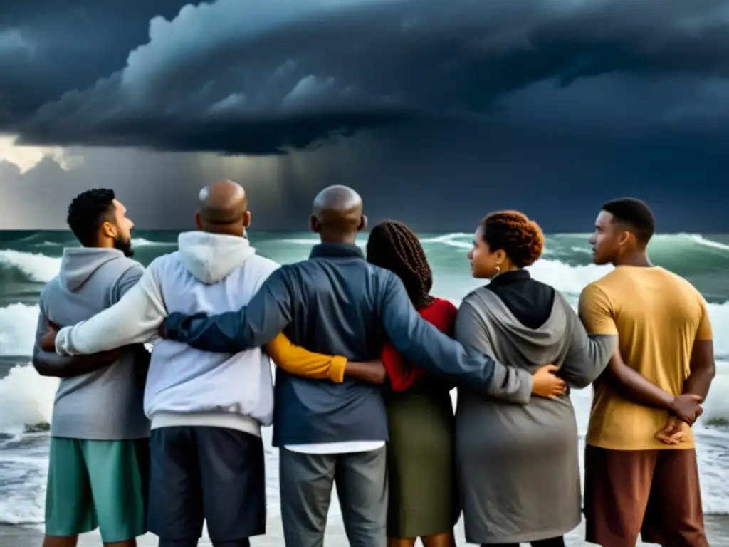 Unidos ante la tormenta: fuerza colectiva en la diversidad Un grupo de individuos diversos se sostienen unidos frente al mar tormentoso, iluminados por la fuerza colectiva