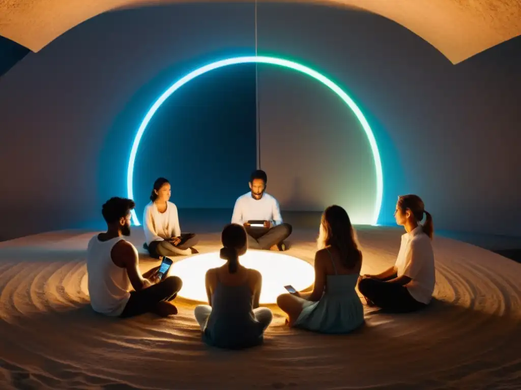 Culto digital: inmersión en la luz y la oscuridad Grupo inmerso en pantallas, reflejos de luz en rostros