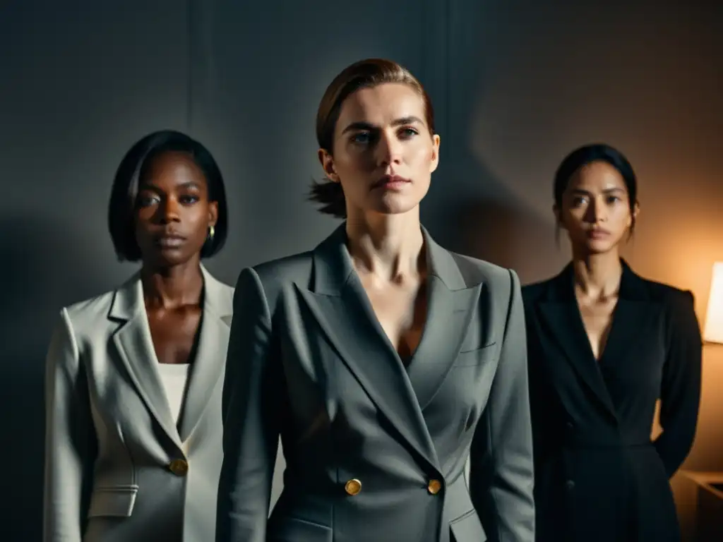 Un grupo de mujeres en elegantes atuendos, con expresiones serias en una habitación tenue