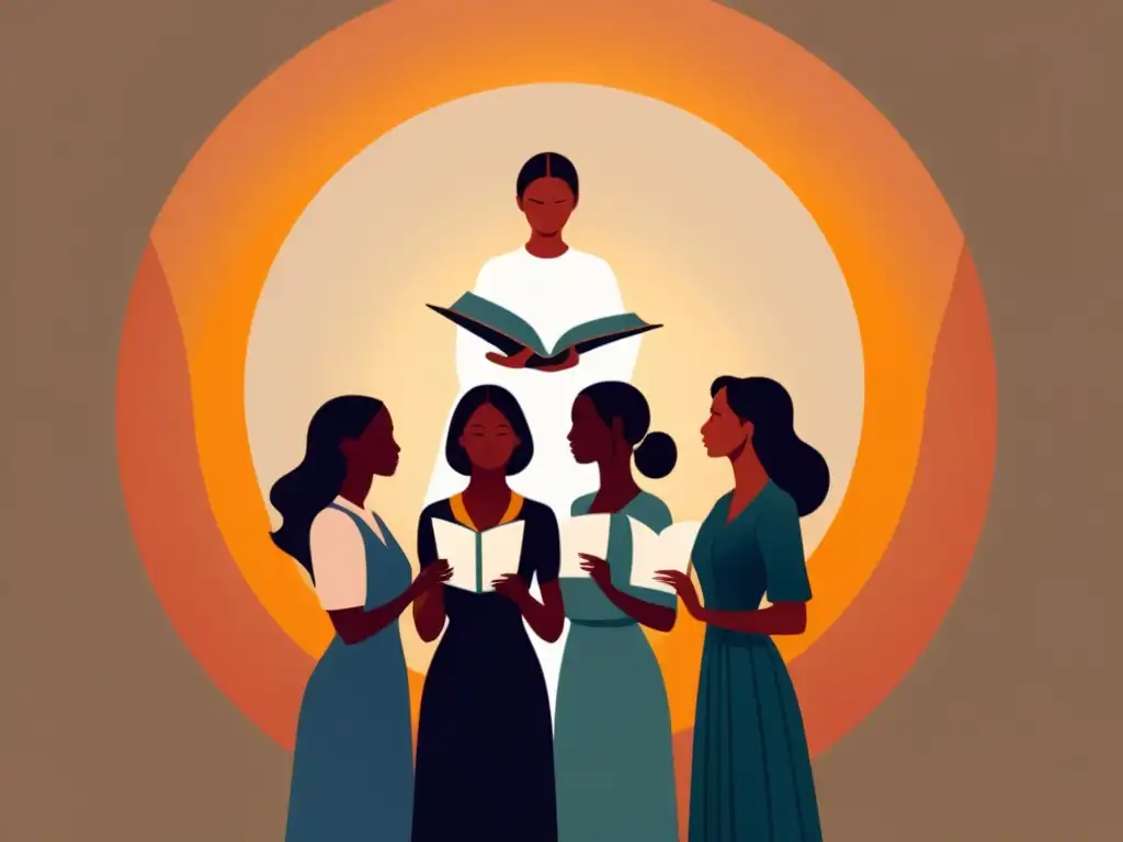 Mujeres iluminadas: el poder de la literatura en la lucha de género Un grupo de mujeres en sombra, una con un libro brillante, simbolizando el poder del papel de género en sectas