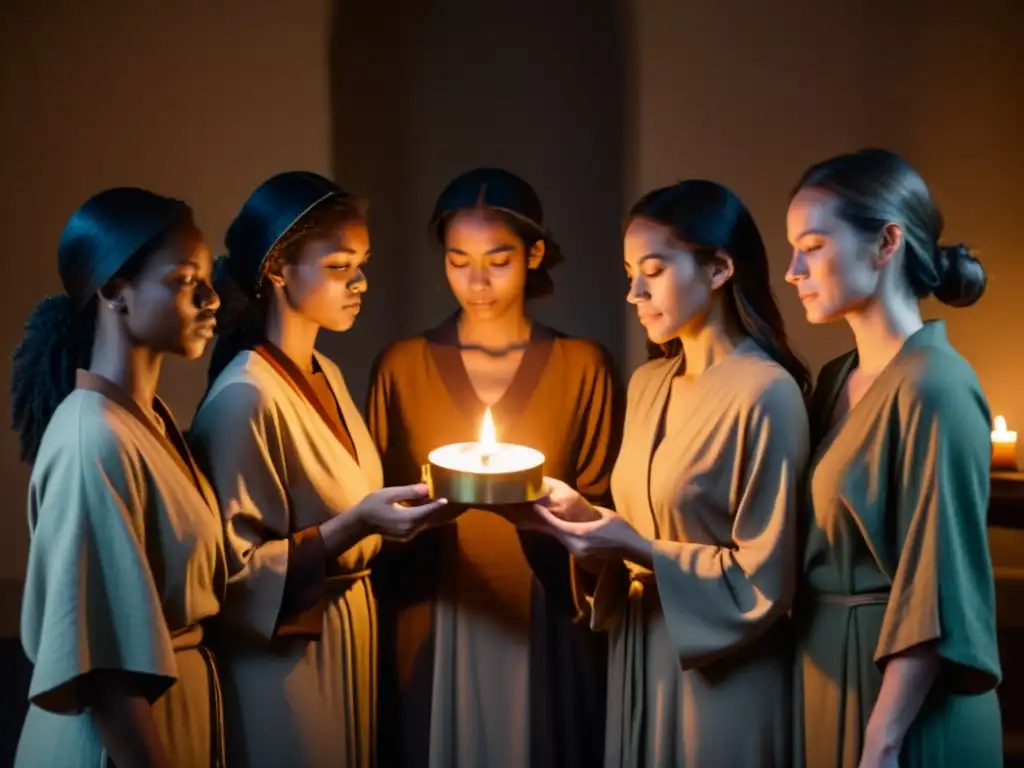 Ritual de mujeres en círculo con velas Grupo de mujeres en túnicas terrosas sostienen velas en ritual, destacando el rol de género en sectas con poderosa unidad femenina