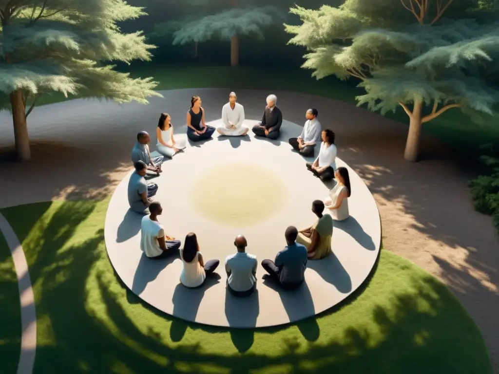 Meditación en círculo: serenidad en la naturaleza Un grupo meditando en la naturaleza, proyectando calma y unidad