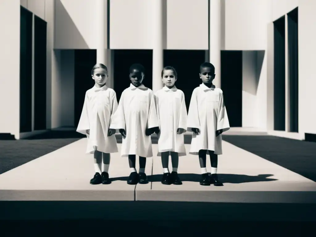 Niños de La Familia: Misterio y solemnidad en blanco y negro Un grupo de niños en fila usando túnicas blancas frente a un edificio moderno
