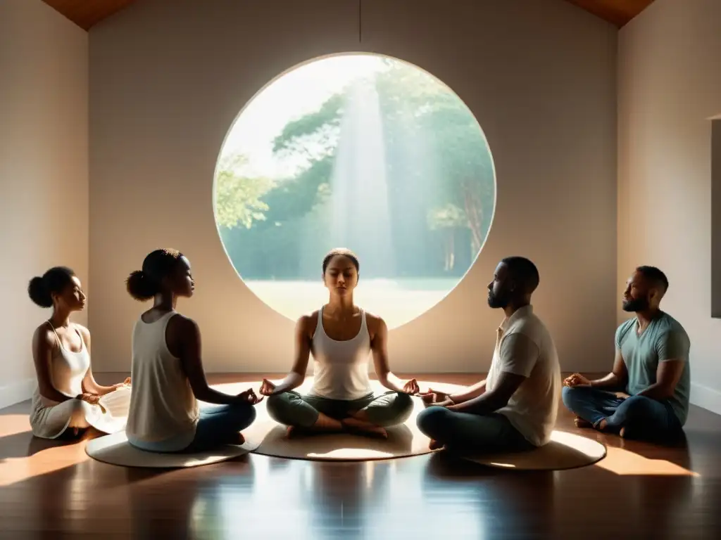 Meditación colectiva: serenidad y reflexión en grupo Un grupo en meditación, ojos cerrados, en penumbra