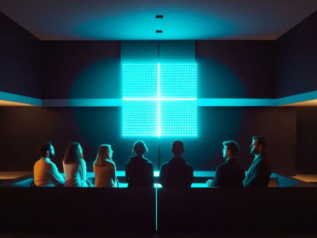 Adoración digital: la comunión de la era tecnológica Un grupo se reúne alrededor de pantallas brillantes, sus rostros iluminados en una escena de adoración digital