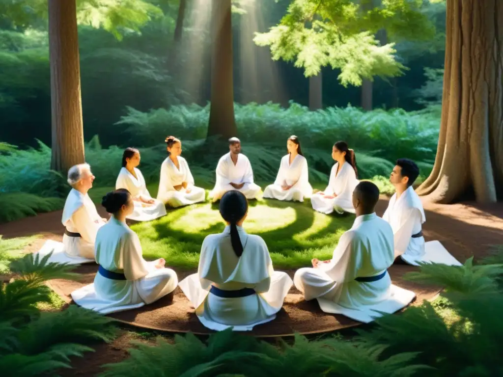 Meditación en el bosque: serenidad entre árboles altos Grupo meditando en bosque, paz interior, Manipulación psicológica en cultos