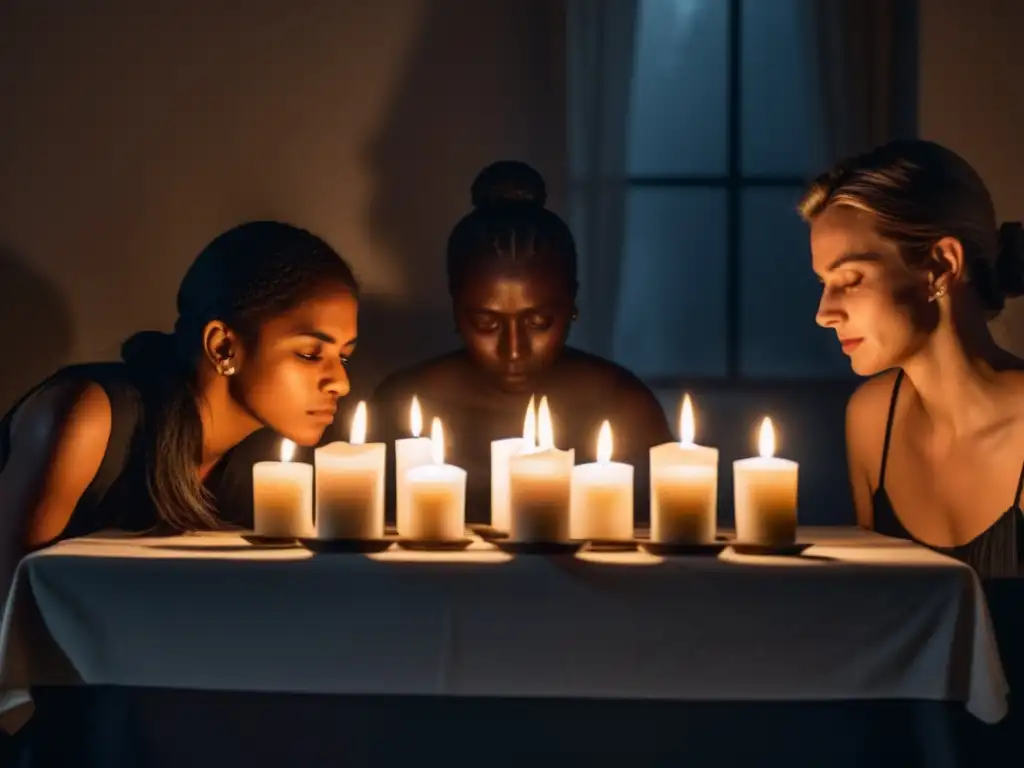 Testimonios desgarradores: víctimas de rituales oscuros Un grupo de personas atemorizadas en una habitación tenue, compartiendo testimonios de víctimas de rituales oscuros