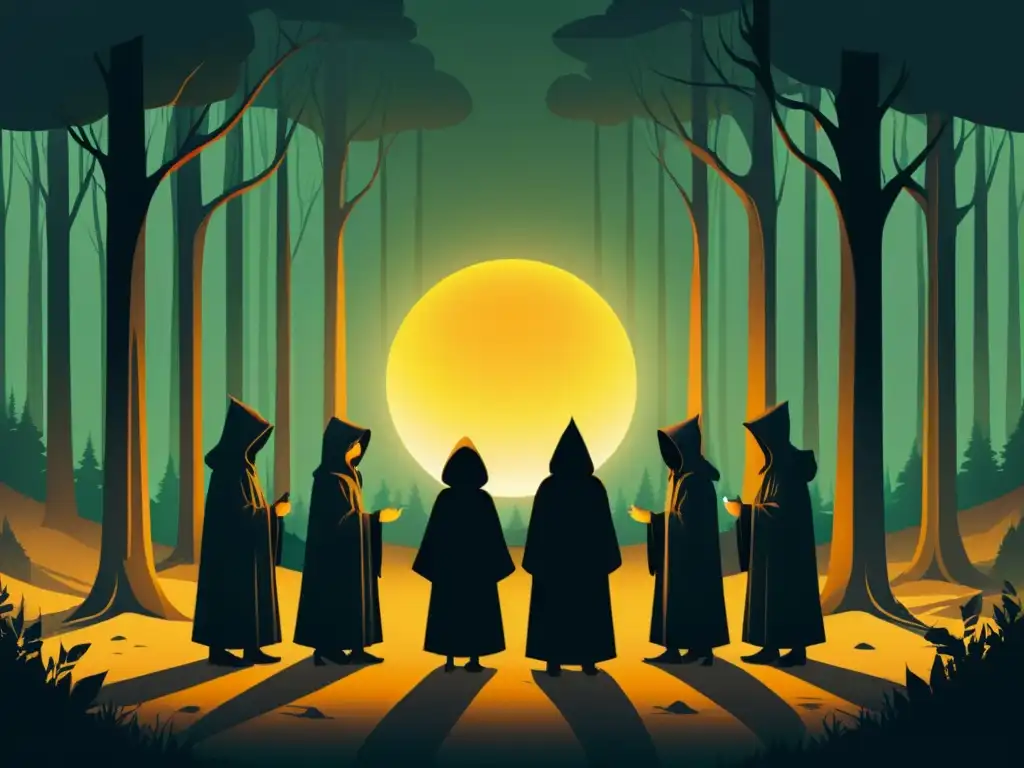 Un grupo de personas en capuchas rodea un misterioso orbe brillante en un bosque