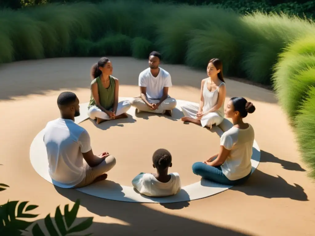 Meditación en círculo: serenidad en la naturaleza Un grupo de personas medita en círculo en un entorno natural sereno