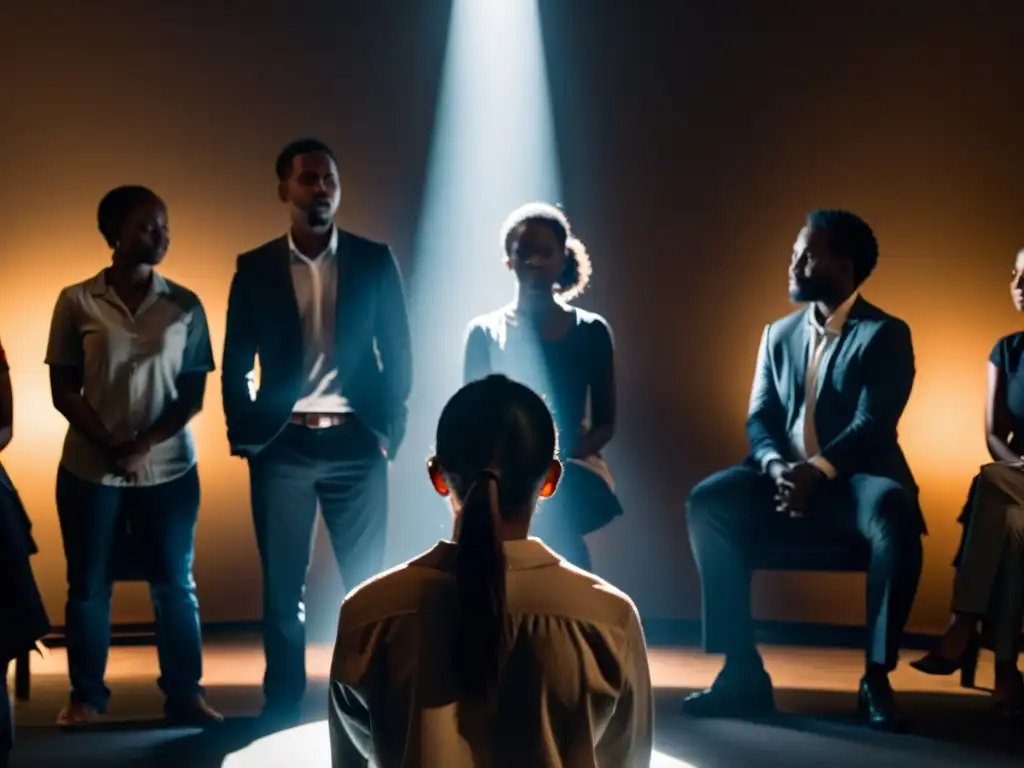 Grupo de personas en círculo con líder carismático en ambiente misterioso