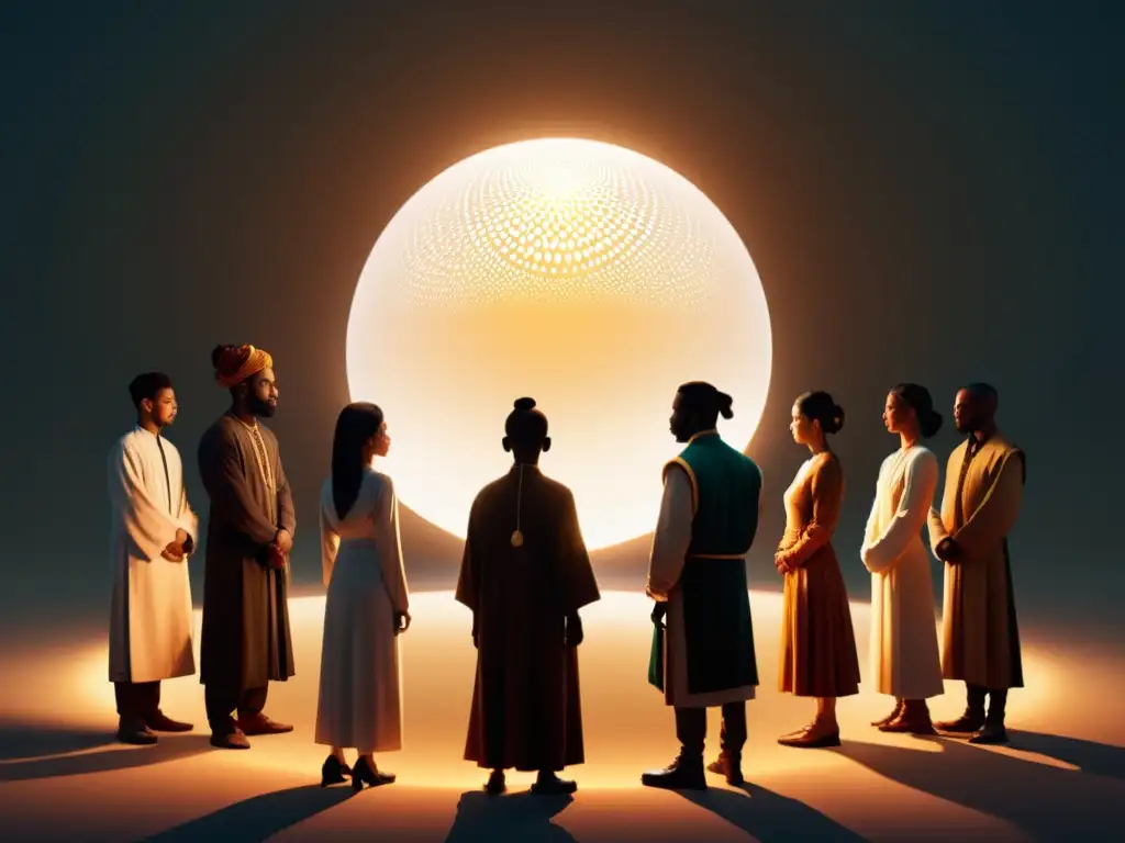 Un grupo de personas de distintas culturas y épocas se reúnen alrededor de un misterioso orbe brillante, transmitiendo asombro y curiosidad